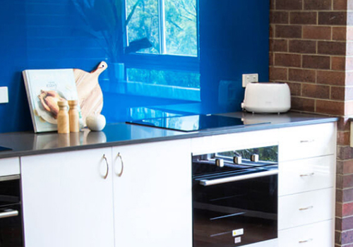 Blue kitchen with bench